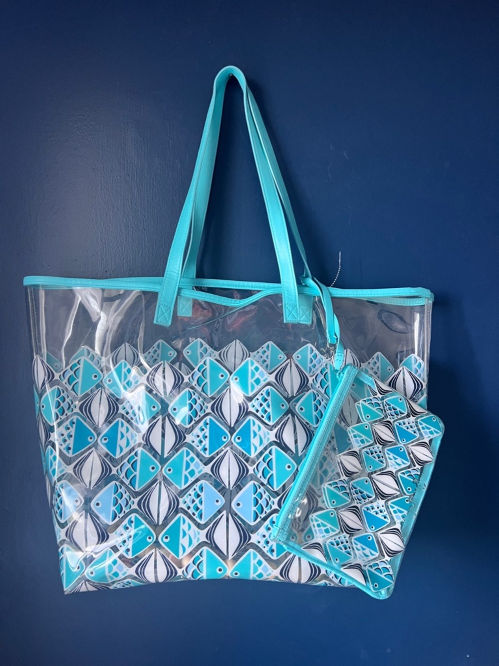 Vera Bradley Clear Fish Print Large Tote Bag Beach Pool Travel Set Wristlet Rare